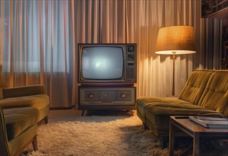 Cozy living room from the 1970s, with a vintage TV set, AI generated