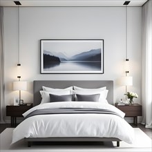 Empty modern bedroom with a large, plush bed covered in white linens, a single framed artwork on