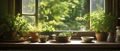 A sunlit kitchen corner, with a rustic wooden shelf holding neatly arranged ceramic bowls and a