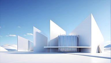 Minimalist architectural composition of modern buildings, with clean angles, rendered in geometric