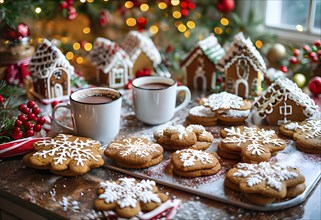 Kitchen counter filled with Christmas cookies, gingerbread houses, and mugs of hot chocolate, with