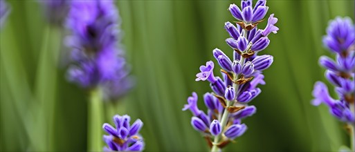 Detailed macro of a lavender flower (Lavandula angustifolia), showing the tiny purple buds and