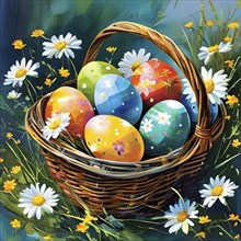 Illustration of of vibrant colored Easter eggs in a wicker basket, surrounded by delicate spring