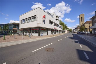 Sparkasse Vest Branch Datteln and Luther Church in the city centre of Datteln, Ruhr area,