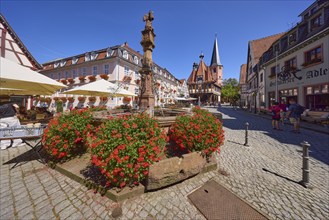 Market fountain with blooming geraniums and historic town hall under a cloudless blue sky in