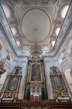 Interior with altar of St James' Church, built 1772-1775, Bad Kissingen, Lower Franconia, Bavaria,