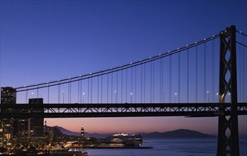 Panoramic San Francisco financial district skyline in city downtown near Oakland Bay Bridge