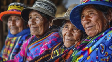 Smiling native indigenous people of Ecuador and South America, dressed in colorful native clothes,