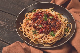 Spaghetti Bolognese, top view, close-up, no people, homemade