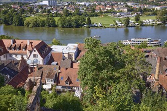 Motorboat and excursion boats on the River Main near Miltenberg, Lower Franconia, Miltenberg