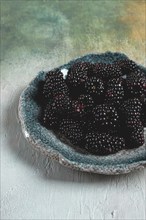 Fresh blackberry berry, on a plate, top view, no people