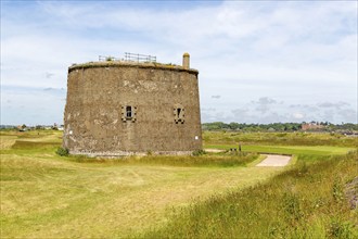 Martello Tower T 1810-1812, Napoleonic War military building on golf course, Felixstowe Ferry,