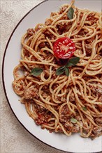 Spaghetti Bolognese, top view, close-up, no people, homemade