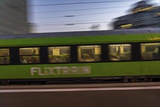 Flixtrain train arriving at Essen central station, dusk, North Rhine-Westphalia, Germany, Europe