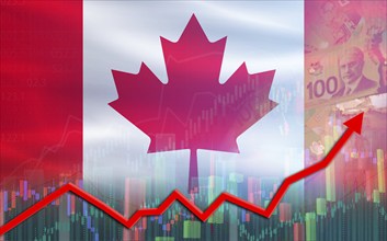 Canada flag on financial growth graph. Canada economy growth on financial graph