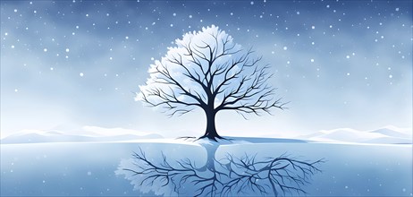 Abstract minimalist winter scene with a single, sharp silhouette of a snow-covered tree on a vast,