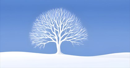 Abstract minimalist winter scene with a single, sharp silhouette of a snow-covered tree on a vast,