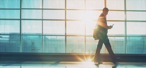 Passenger businessman in modern international airport waiting for plane departure, AI generated