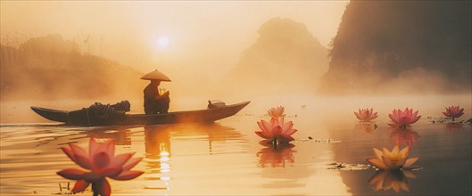 Zen Buddhist old man on a boat at sunrise on foggy morning in Chinese mountains with lotus flowers,