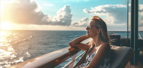 Young beautiful lady sitting on a cruise ship deck during luxury cruise and looking at azure ocean,