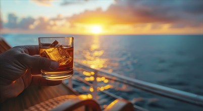 Cruise Caribbean vacation. Person with cup of drink stand on the cruise ship deck at scenic sunset,