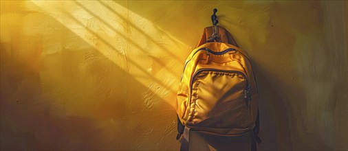 A yellow school backpack is hanging on a wall. Back to school or going on vacation concept, AI