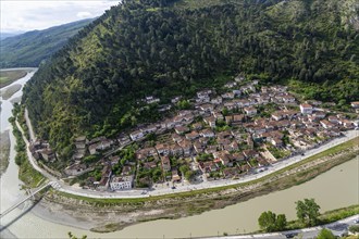 Traditional Ottoman buildings in Gorica quarter next to the River Osumi, Berat, Albania, Europe