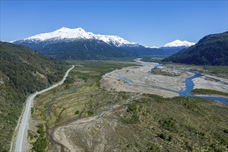 Wide valley of river Rio ibanez, dead trees caused by eruption of volcano Hudson, aerial view,