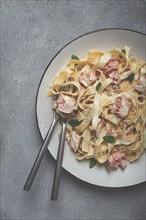 Tagliatelle pasta, in cream sauce with salmon, homemade, no people