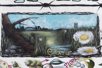 Graffito on the theme of renaturalised landscape in the Ruhr area, Glück auf, Duisburg-Neuenkamp,