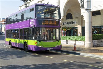 Ipswich Reds double decker Scania N230UD OmniCity bus route 2 to hospital, Ipswich, Suffolk,