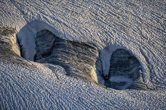 Glacier ice with crevasses in the evening light, Glacier du Tour at sunset, High alpine mountain