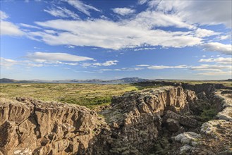 Lava fields, tectonic plates, continental plates, crevasses and canyons, summer, sunny, Thingvellir