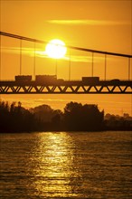 Traffic on the Rhine bridge Emmerich, federal road B220, evening light, with 803 m the longest