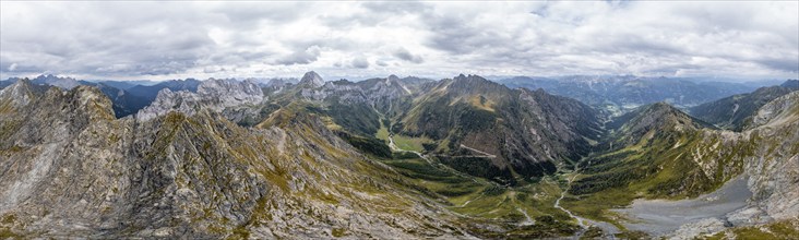 Aerial view, Alpine panorama, Raudenspitze and Carnic High Trail, Carnic Main Ridge, Carnic Alps,