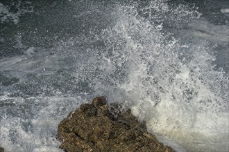 Large waves of the Atlantic Ocean crash against the rocks of a cliff. Camaret sur mer, Crozon,