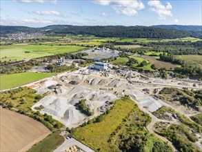 Aerial view of a gravel pit, gravel extraction area, gravel works, ADAC driving safety centre,