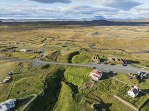 Mödrudalur farm and guesthouse northwest of Egilsstadir, aerial view of church, restaurant and