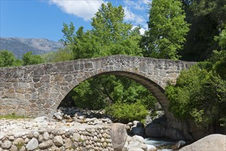 An old stone bridge crossing a river in a wooded, mountainous landscape, illuminated by the sun,