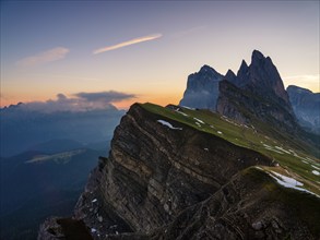 Fermeda Towers, Odle peaks at dawn, Seceda, Puez-Odle nature park Park, Dolomites, South Tyrol,