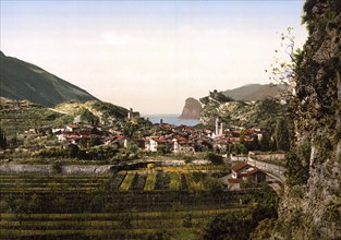 Nago, Lake Garda, Italy, Historical, digitally restored reproduction from a 19th century original,