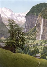 Lauterbrunnen Valley with Staubbach Waterfall, Bernese Oberland, Switzerland, Historic, digitally