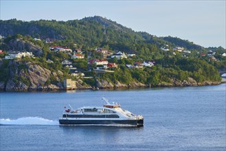 Houses by the water, surrounded by dense forest and hills, a ferry sails on the North Sea, autumn,