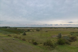 Flat land with fields and bushes, cloudy sky, calm atmosphere, Lake Neusiedl National Park,