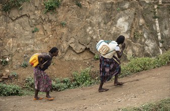 Two woman carry heavy water canisters on their backs from the water point to the village, near the