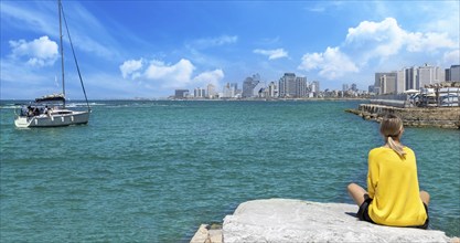 Israel, view of Tel Aviv shore sea shoreline and Namal Yafo historic Old Jaffa port, Asia