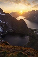 View from the mountain Reinebringen to the lake Reinevatnet and the Reinefjord with other mountains