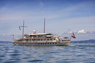 Historic ship Austria, travelling on Lake Constance off Bregenz. The originally renovated Art Deco