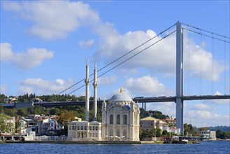 Ortakoy Mosque or Grand Mecidiye Mosque under the Bosphorus Bridge, Besiktas, Istanbul, Turkey,