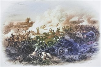 The Battle of Moodkee in India, 1845, Historical, digitally restored reproduction from a 19th